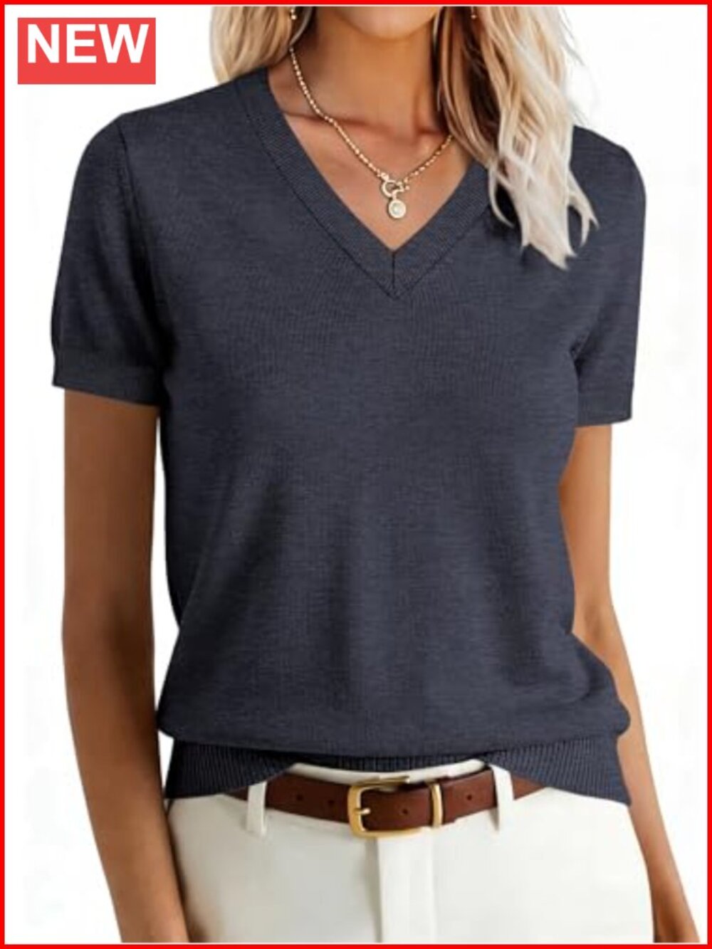 Wool Blend V-Neck Short Sleeve Sweater Top Business Casual